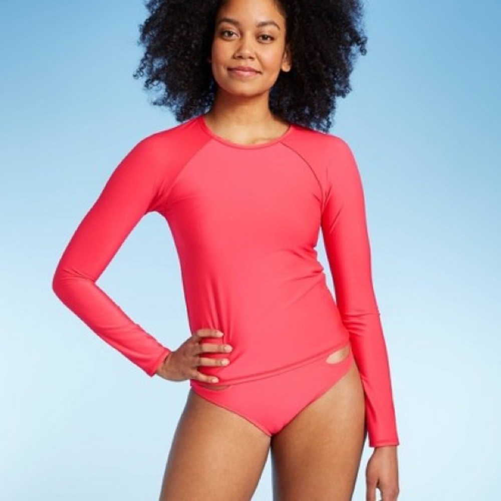Coral Long Sleeve Crew Neck Rashguard Swim Top
